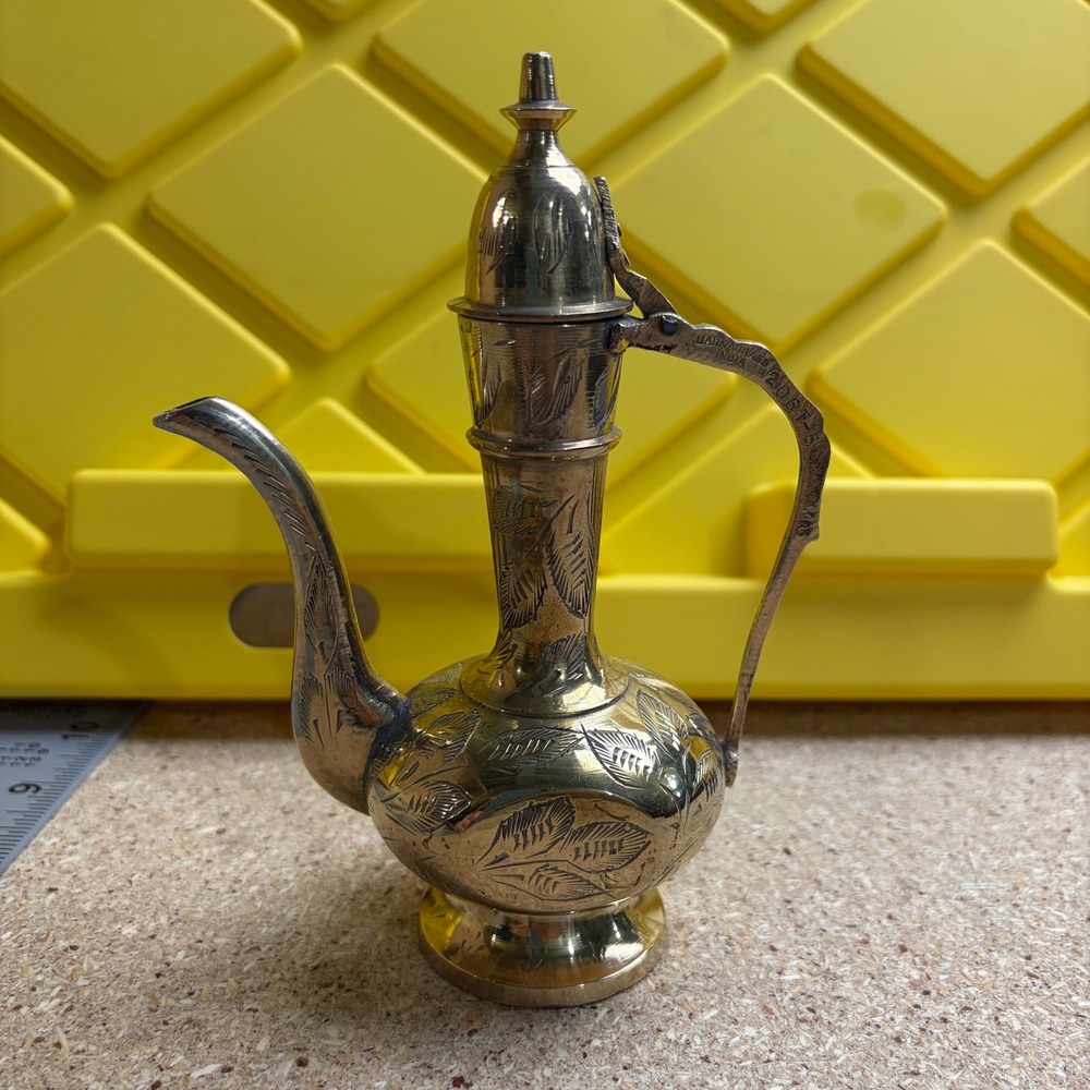 Vintage Sarna Brass India Etched Aftaba Pitcher Teapot 206T-5 Decorative 6 Inch